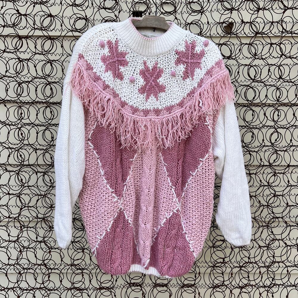 Vintage 90s American Weekend Pink Pastel Argyle Fringe Snowflake Sweater 20W